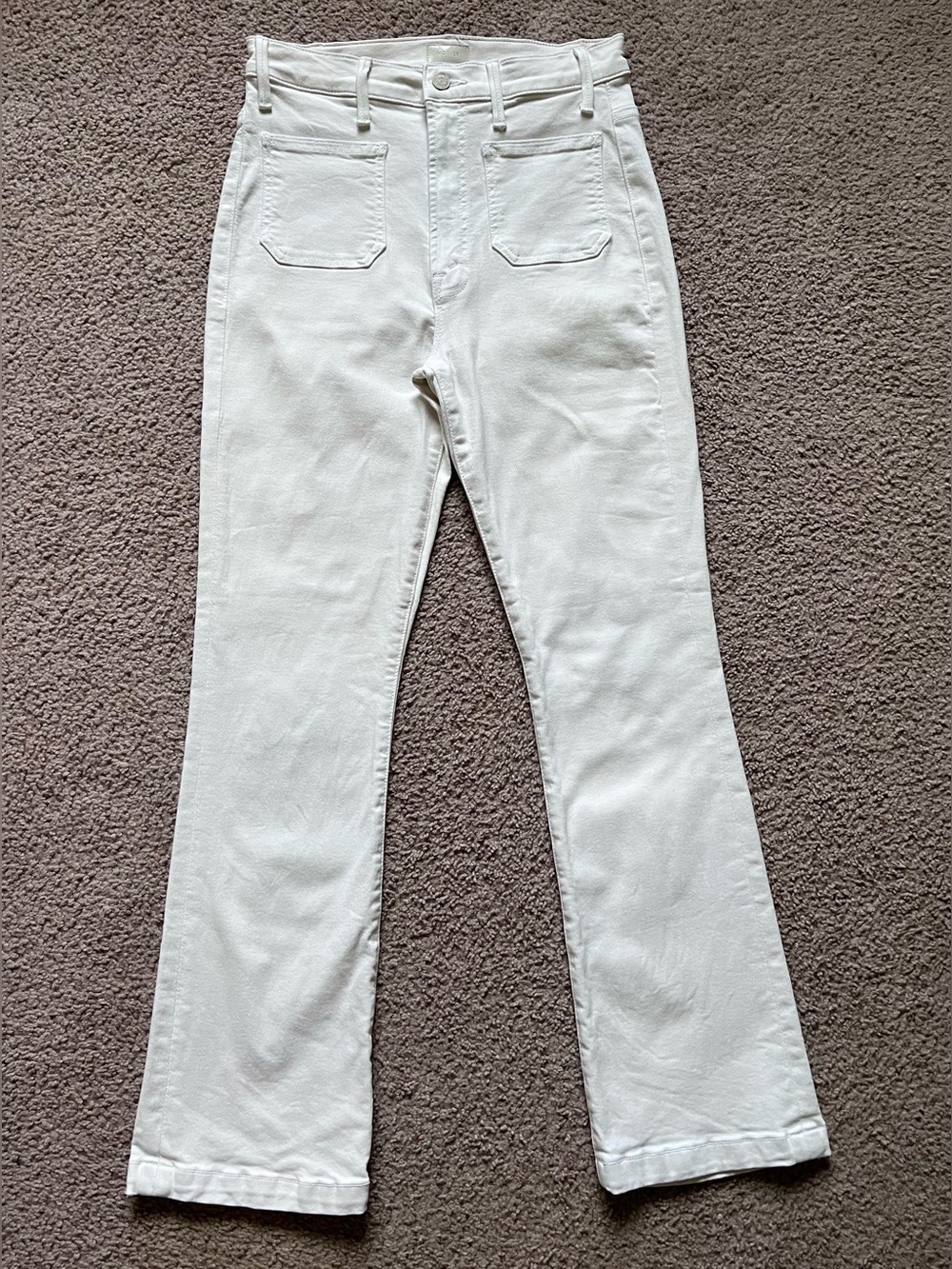 MOTHER The Hustler Patch Pocket Flood Jeans Cream Puffs Off-White Flare 28